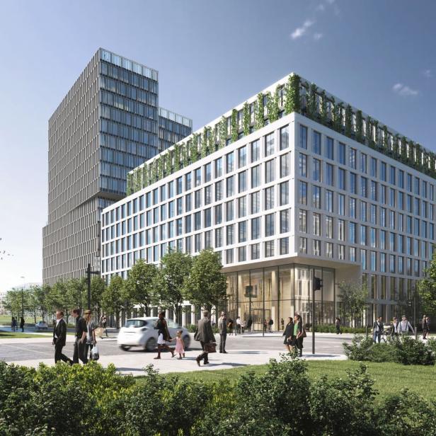 Eine moderne Stadtlandschaft mit Bürogebäuden und Passanten an einem sonnigen Tag.