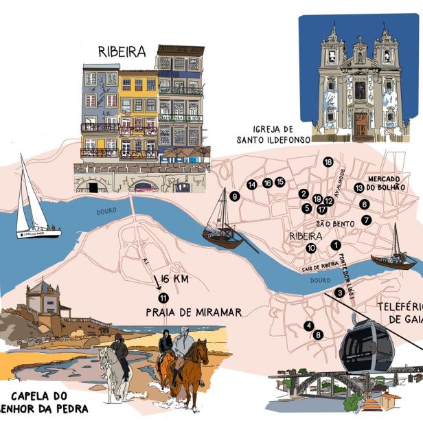 Eine illustrierte Karte von Porto, Portugal, mit Sehenswürdigkeiten wie Ribeira und der Capela do Senhor da Pedra.