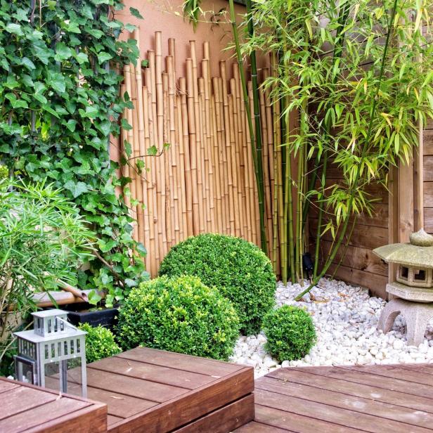 Ein japanisch inspirierter Garten mit Bambus, Buchsbaumkugeln und einer Steinlaterne.