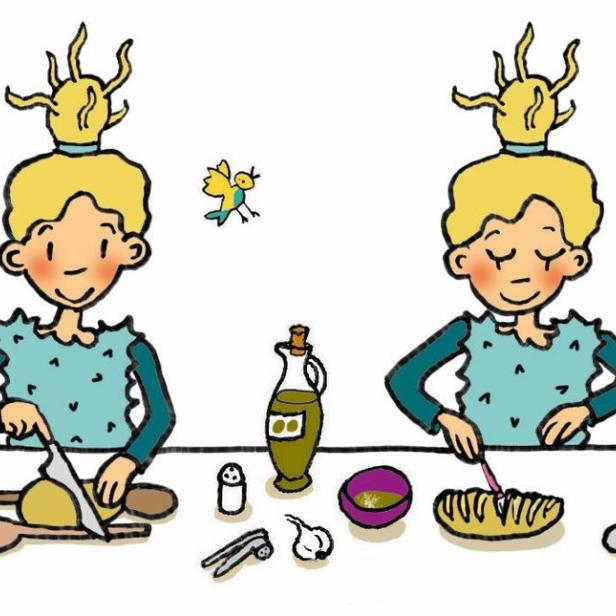 Eine stilisierte Illustration, die eine Person bei der Zubereitung von Essen zeigt.