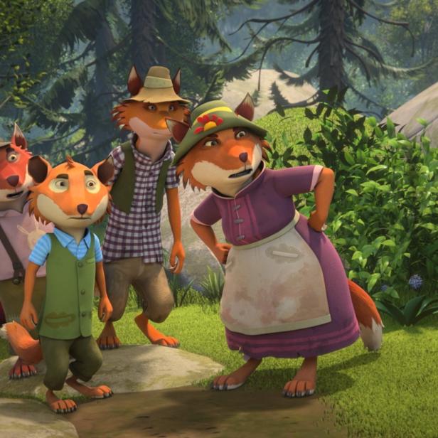 Eine Gruppe anthropomorpher Füchse steht in einer Waldlichtung.