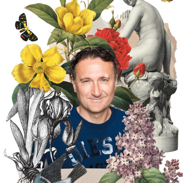 Ein Porträt eines Mannes, umgeben von Blumen, Schmetterlingen und einer Statue.