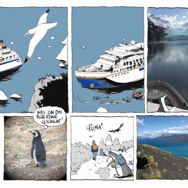 Eine Comic-Collage mit verschiedenen Szenen einer Antarktis-Kreuzfahrt.