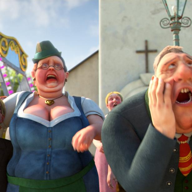 Eine Gruppe von Menschen blickt mit entsetzten Gesichtern in den Himmel.