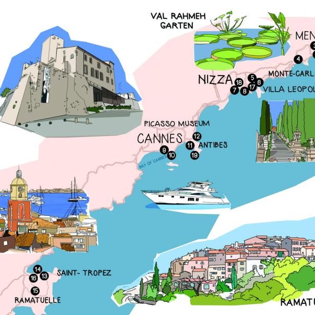 Eine illustrierte Karte der Côte d'Azur mit Sehenswürdigkeiten wie Nizza, Cannes und Saint-Tropez.