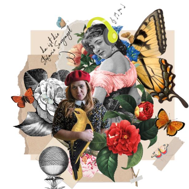Eine Collage mit einer Frau mit roter Baskenmütze, einer historischen Dame mit Kopfhörern, Blumen und Schmetterlingen.
