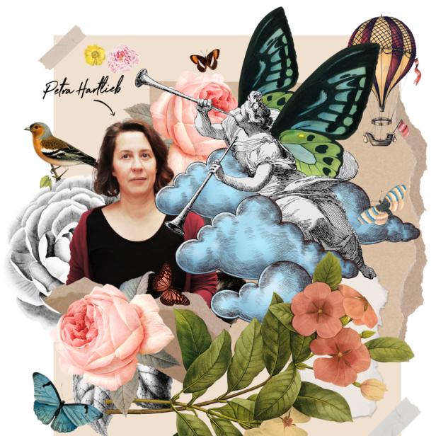 Ein Porträt von Petra Hartlieb, umgeben von Blumen, Schmetterlingen und einer geflügelten Figur auf Wolken.