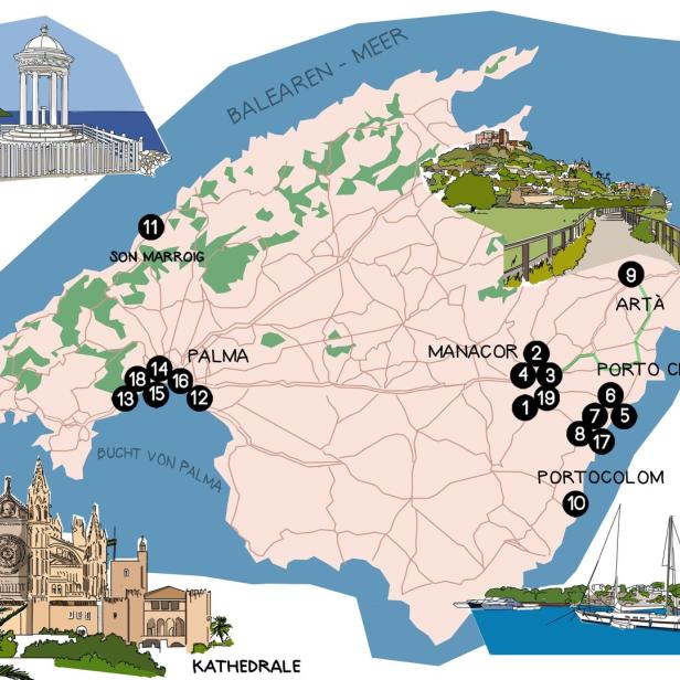 Eine illustrierte Karte von Mallorca mit Sehenswürdigkeiten und Ortsnamen.