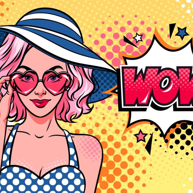 Eine Frau mit rosa Haaren, Sonnenhut und herzförmiger Brille vor einem Comic-artigen „Wow“-Ausruf.