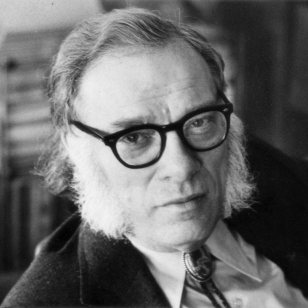 Schwarzweißporträt von Isaac Asimov mit Brille und Knebelbart.
