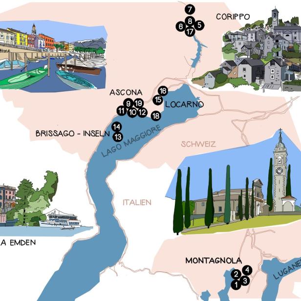 Eine illustrierte Karte des Lago Maggiore mit Sehenswürdigkeiten wie Ascona, Locarno und den Brissago-Inseln.