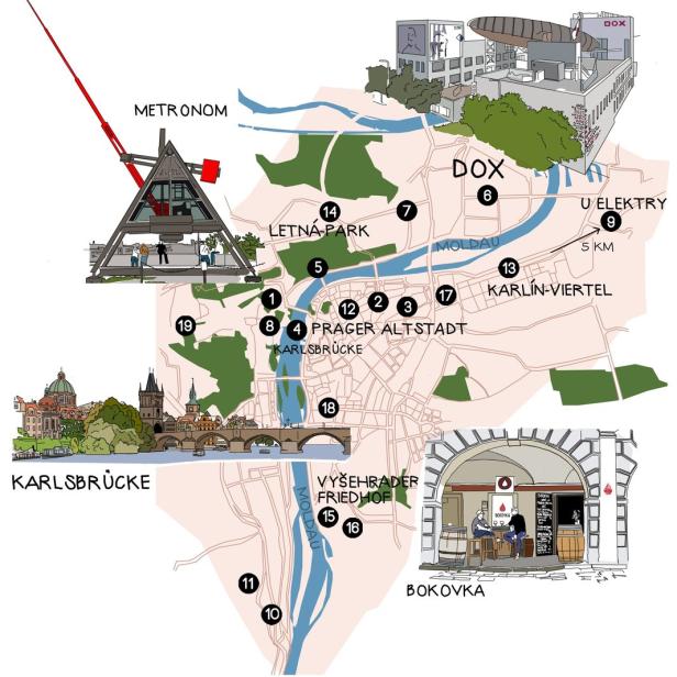 Eine illustrierte Karte von Prag mit Sehenswürdigkeiten wie der Karlsbrücke und dem Metronom.