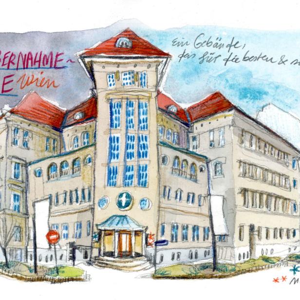 Eine Aquarellzeichnung der „Kinderübernahme Stelle Wien“, einem Gebäude, das für menschliche Regungen steht.