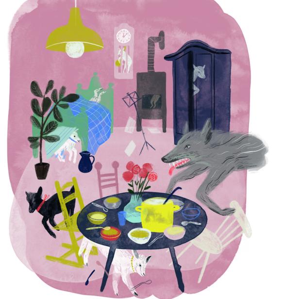 Illustration des Märchens „Der Wolf und die sieben Geißlein“ in einem Wohnzimmer.