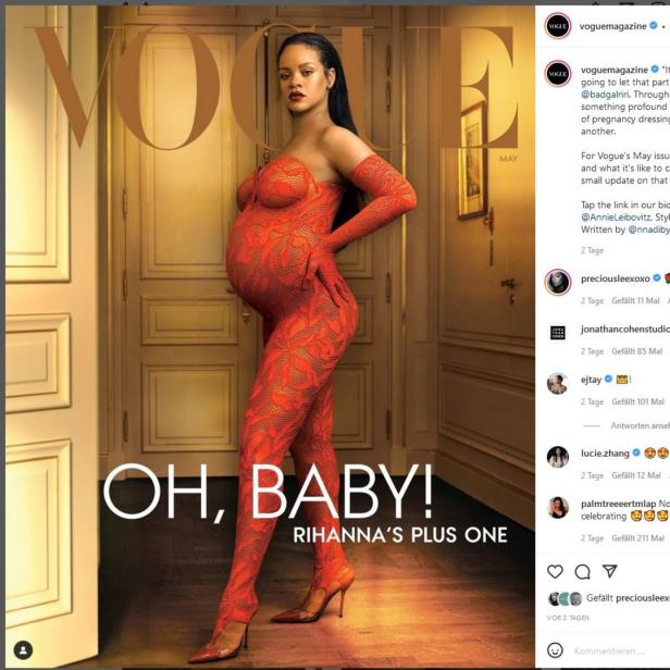 Rihanna auf dem Cover der Mai-Ausgabe der Vogue, in einem roten, durchsichtigen Catsuit.