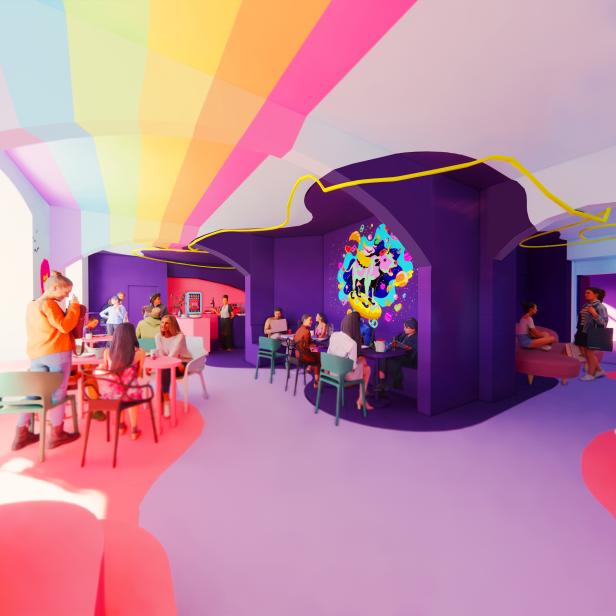 Ein farbenfrohes Café mit Gästen, Regenbogen-Dekoration und einem stilisierten Tokioturm.