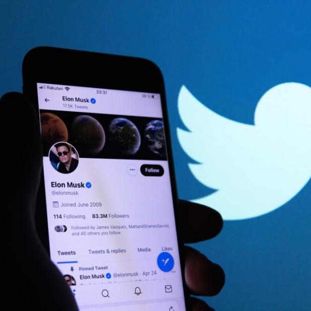 Ein Smartphone zeigt das Twitter-Profil von Elon Musk vor dem Hintergrund des Twitter-Logos.