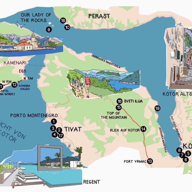 Eine illustrierte Karte der Bucht von Kotor in Montenegro mit Sehenswürdigkeiten.