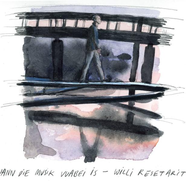 Ein Mann geht auf einer Brücke, dargestellt in einem Aquarellstil.