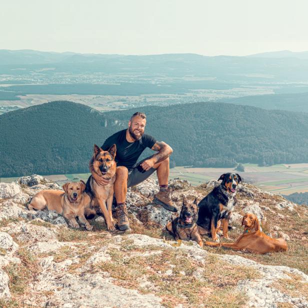 Ein Mann sitzt mit fünf Hunden auf einem Felsen mit Blick auf eine weite Landschaft.