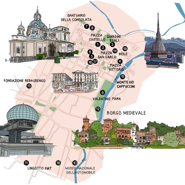 Eine illustrierte Karte von Turin mit Sehenswürdigkeiten wie dem Mole Antonelliana und dem Museo Nazionale dell'Automobile.