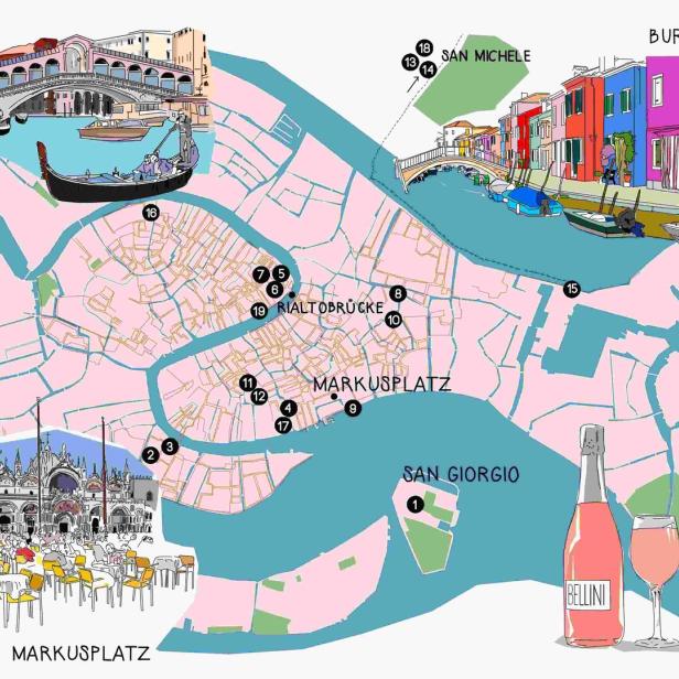 Eine illustrierte Karte von Venedig mit Sehenswürdigkeiten wie dem Markusplatz, der Rialtobrücke und Burano.