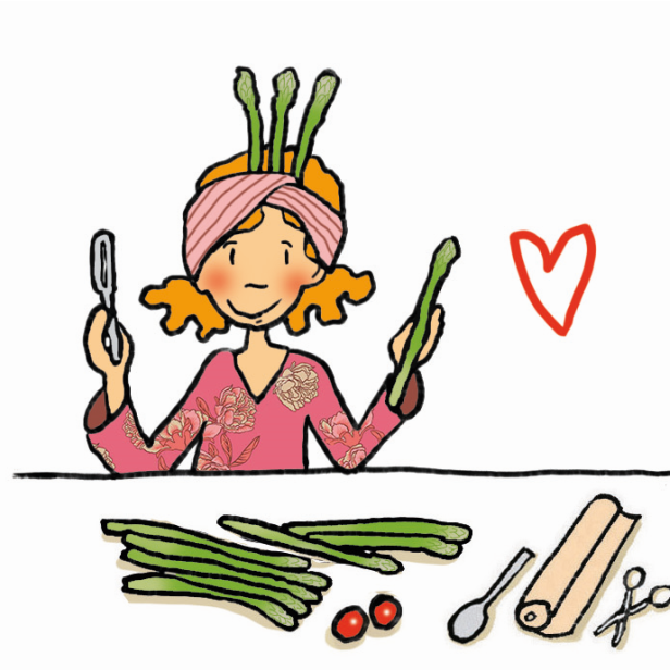 Eine Frau mit Spargel im Haar hält ein Messer und Spargelstangen in der Hand.