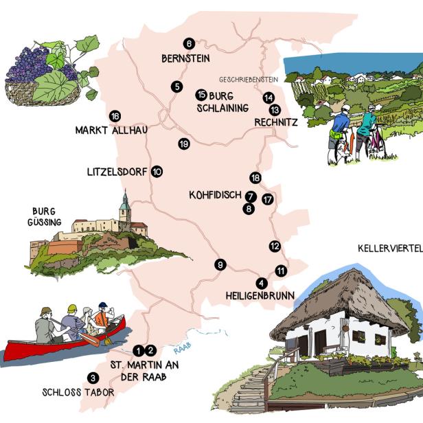 Eine illustrierte Karte des Burgenlandes mit Sehenswürdigkeiten wie Burgen, Weinbergen und dem Keller Viertel.
