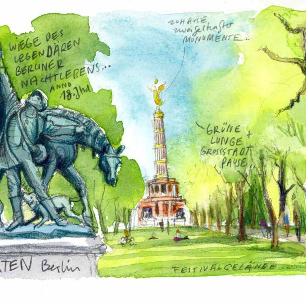 Eine Aquarellzeichnung des Berliner Tiergartens mit dem Denkmal und der Siegessäule.