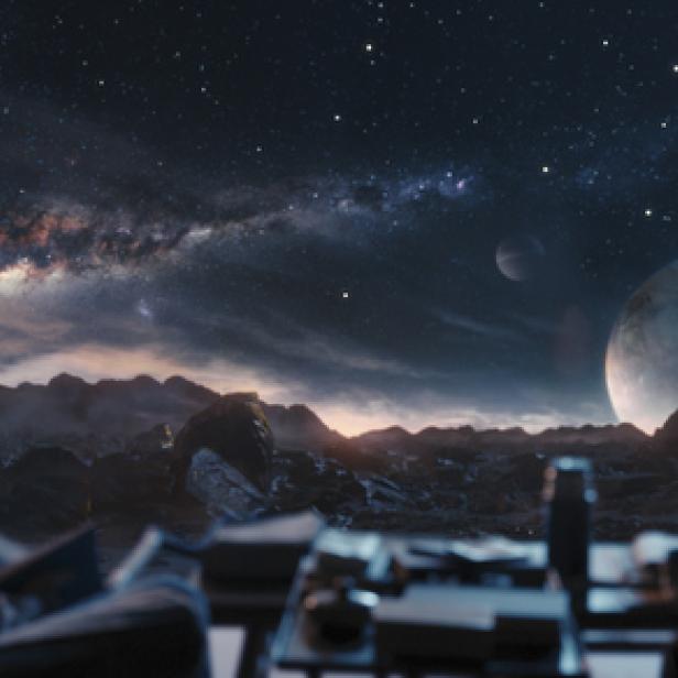 Personen sitzen in einem Raumschiff und blicken auf eine fremde Planetenlandschaft mit Sternenhimmel.