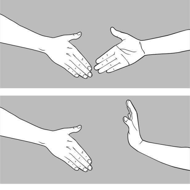 Eine Illustration von Händen, die sich entweder begrüßen oder abweisen.