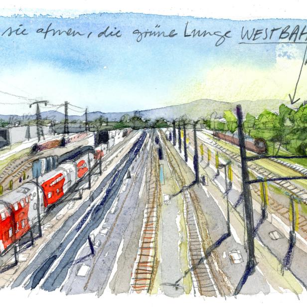Eine Aquarellzeichnung von Bahngleisen mit einem roten Zug im Vordergrund.