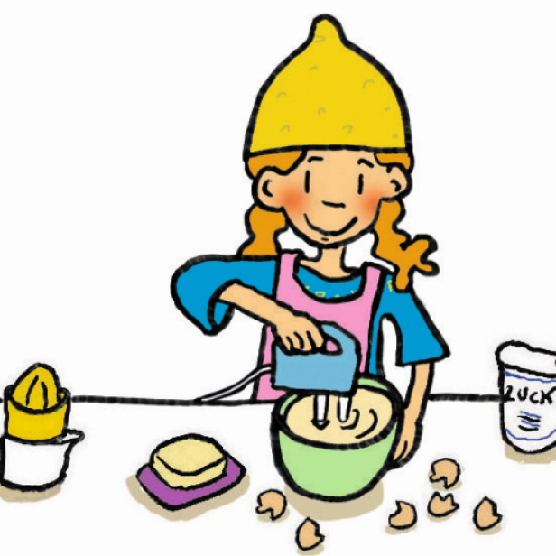 Ein Mädchen mit einer Zitronenmütze backt mit einem Mixer in einer Schüssel.