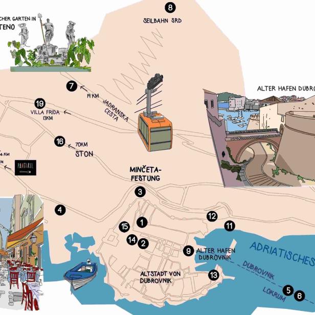 Eine illustrierte Karte von Dubrovnik und Umgebung mit Sehenswürdigkeiten und Entfernungsangaben.