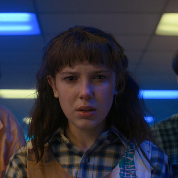 Die besorgten Charaktere Elfie, Mike und Will aus „Stranger Things“.