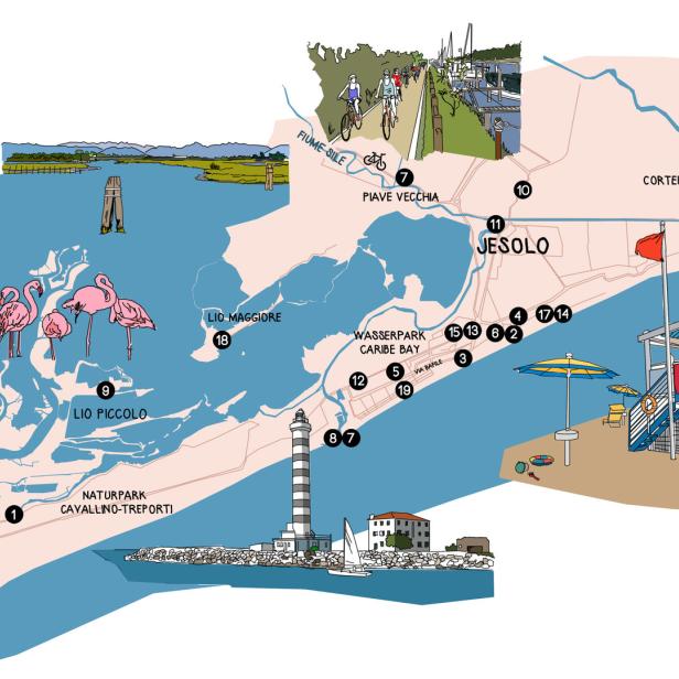 Eine illustrierte Karte der Region um Jesolo, Italien, mit Flamingos, einem Leuchtturm und Stränden.