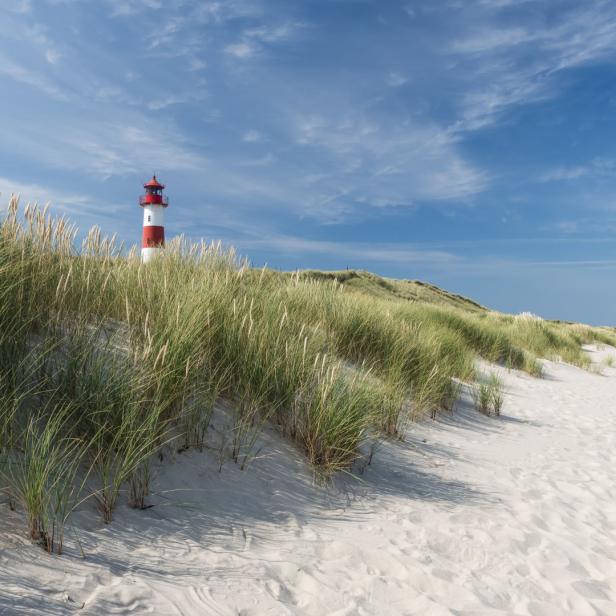 Ein rot-weiß gestreifter Leuchtturm hinter einer Düne mit Strandhafer.