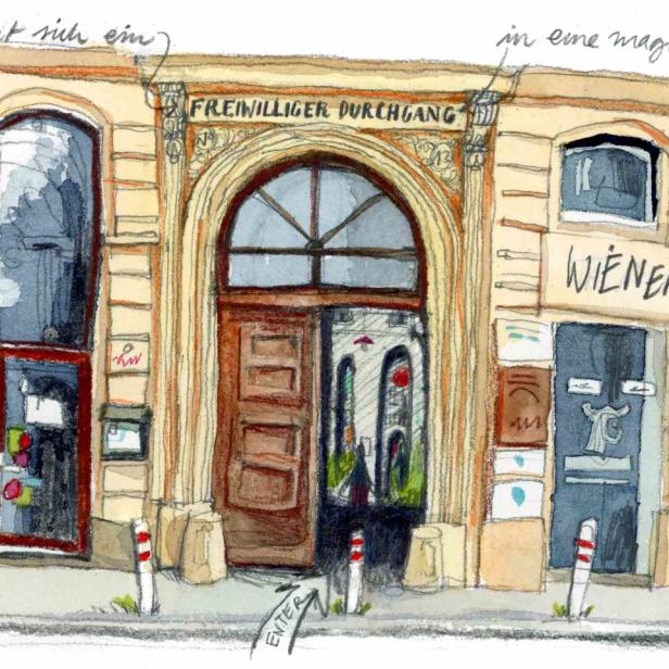 Eine Aquarellzeichnung eines Gebäudes mit der Aufschrift „Freiwilliger Durchgang“ und „Wiener Durchhäuser“.