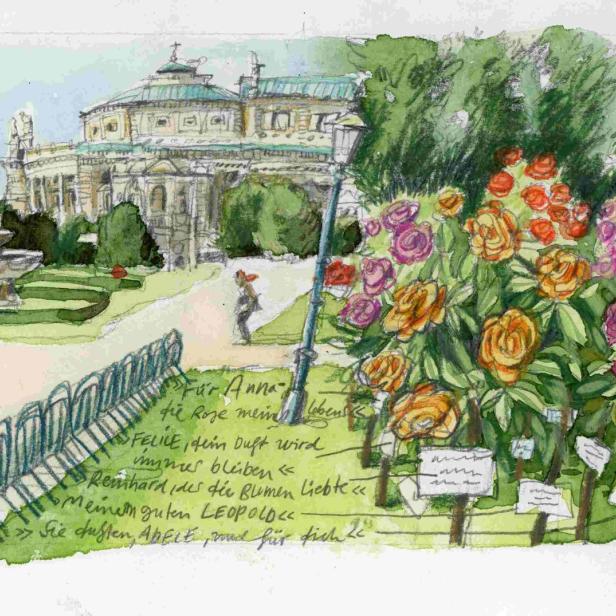 Eine Aquarellzeichnung des Volksgartens in Wien mit Rosen und dem Theseustempel im Hintergrund.