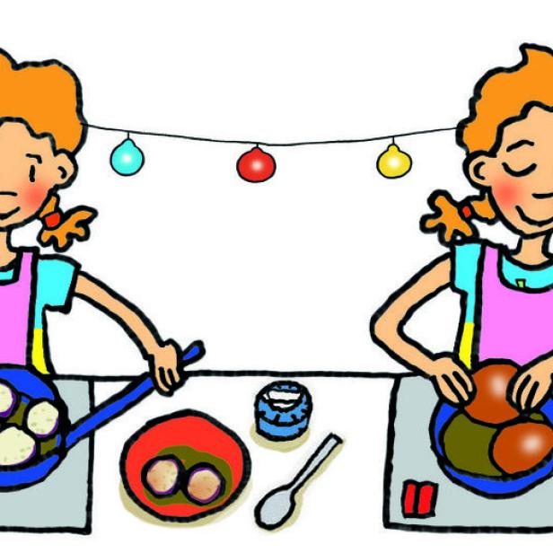 Eine stilisierte Illustration, die ein Mädchen beim Kochen verschiedener Zutaten zeigt.