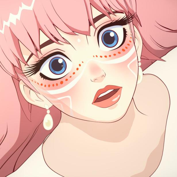 Nahaufnahme einer Anime-Frau mit rosa Haaren und Gesichtsbemalung vor einem futuristischen Hintergrund.