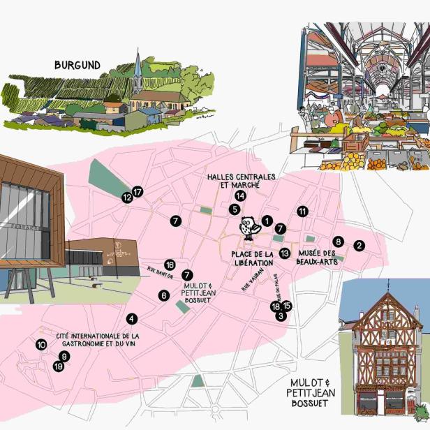 Eine illustrierte Karte von Dijon, Burgund, mit Sehenswürdigkeiten wie den Halles Centrales und dem Musée des Beaux-Arts.