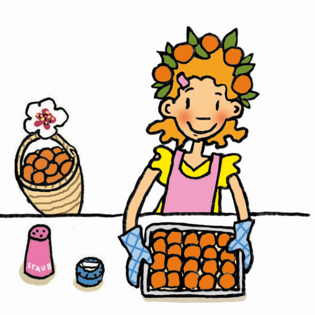Ein Mädchen mit Orangenkranz hält ein Backblech mit Orangenkügelchen.