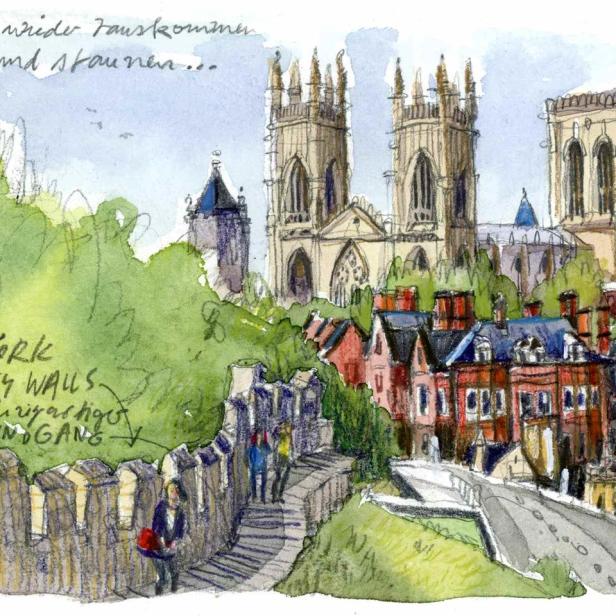 Eine Aquarellzeichnung der Stadtmauer und des Münsters von York.