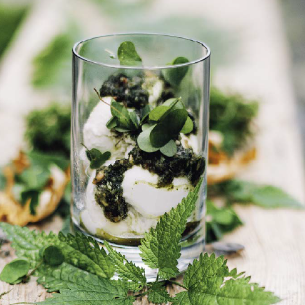 Ein Glas mit Mozzarella, Pesto und frischen Kräutern auf einem Holztisch.