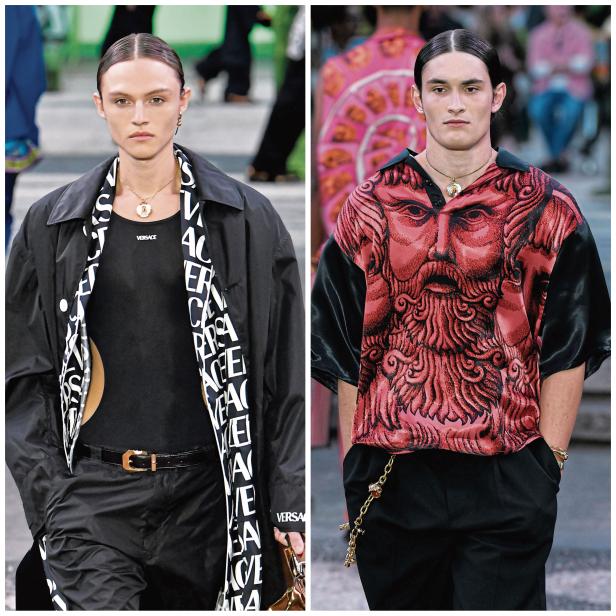 Zwei Models präsentieren Versace-Mode auf dem Laufsteg.