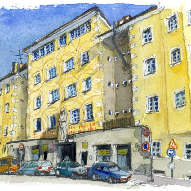 Aquarellzeichnung der Penzinger Straße in Wien, Ecke Philippsgasse.