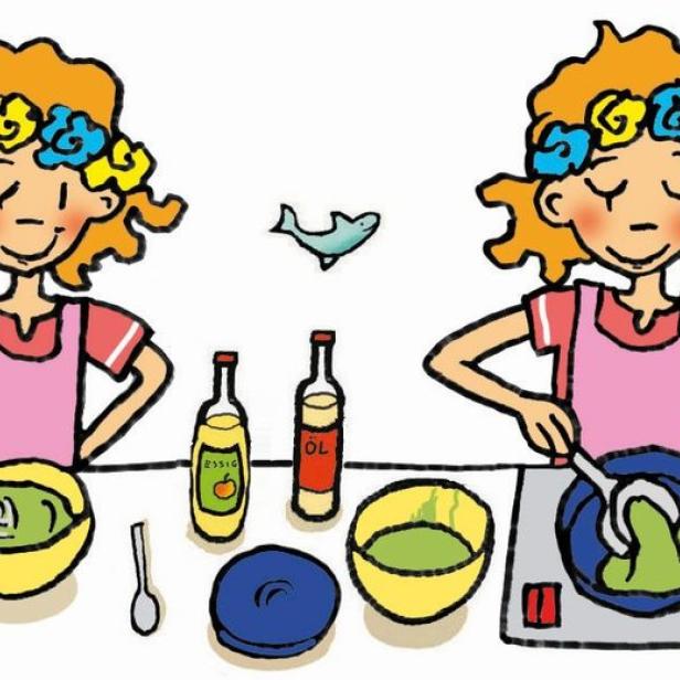Eine Illustration zeigt ein Mädchen mit Blumenkranz, das in vier Schritten grüne Pfannkuchen zubereitet.