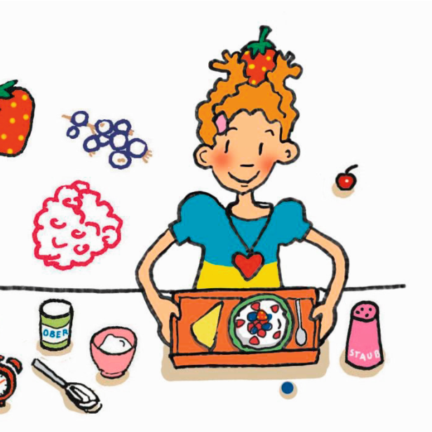 Eine Illustration eines Mädchens, das ein Frühstückstablett mit Müsli und Obst hält.