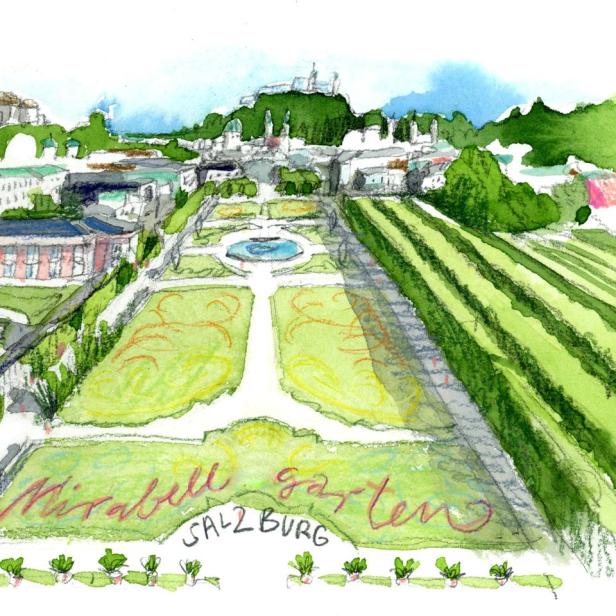 Eine Aquarellzeichnung des Mirabellgartens in Salzburg mit Blick auf die Festung Hohensalzburg.